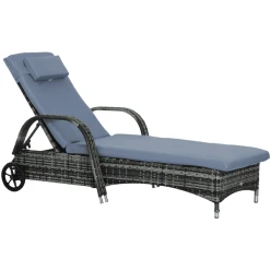 Outsunny Mobile Rattanliege Für Den Garten Grau, Blau