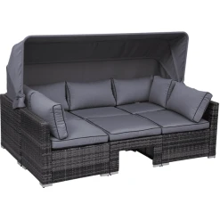 Outsunny Polyrattan Lounge-Set Mit Sonnendach, Kissen Und Beistelltisch Grau